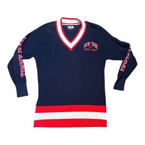 VTG Tommy Hilfiger Jeans Navy Red New York V-Neck Long Sweater Size M